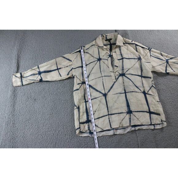 Massimo Dutti Womens Shirt S Tunic Half Button Geometric Blue Tan Cotton - Picture 3 of 7